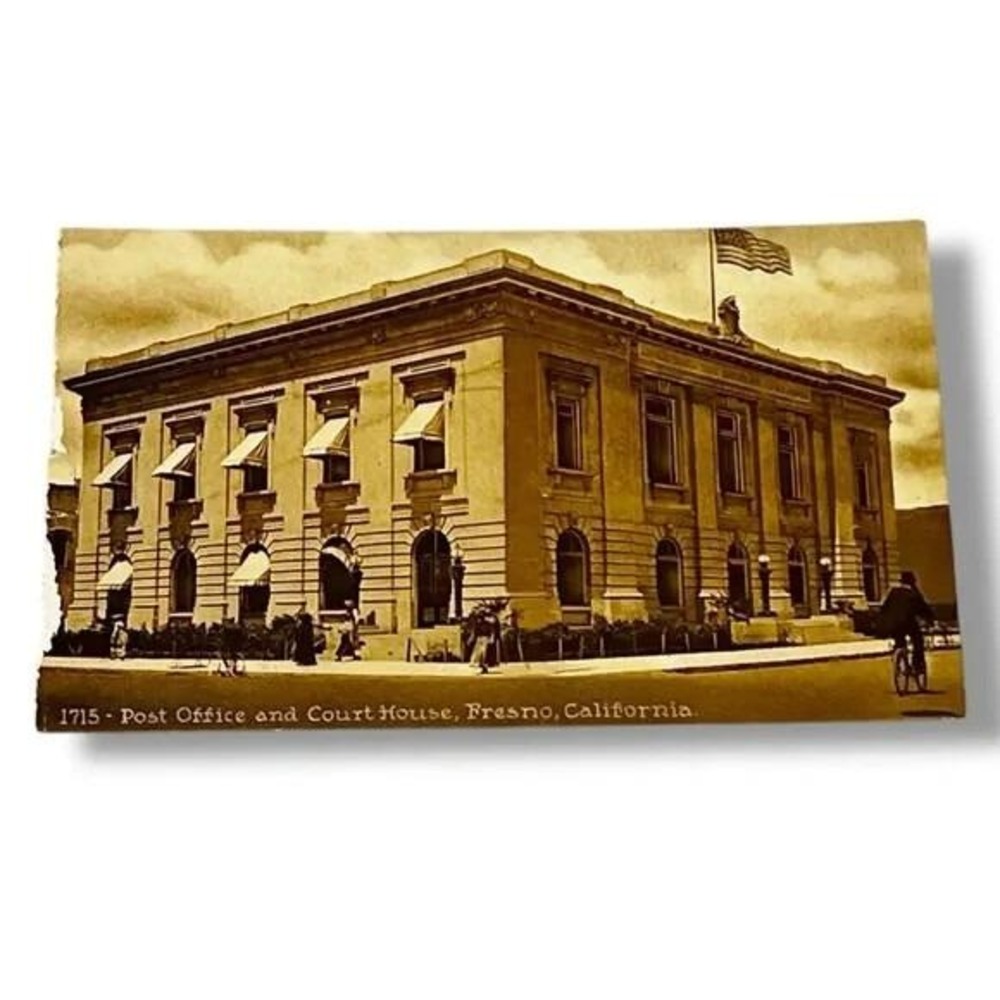 Postcard Post Office and Court House Fresno California Man on Bike C355